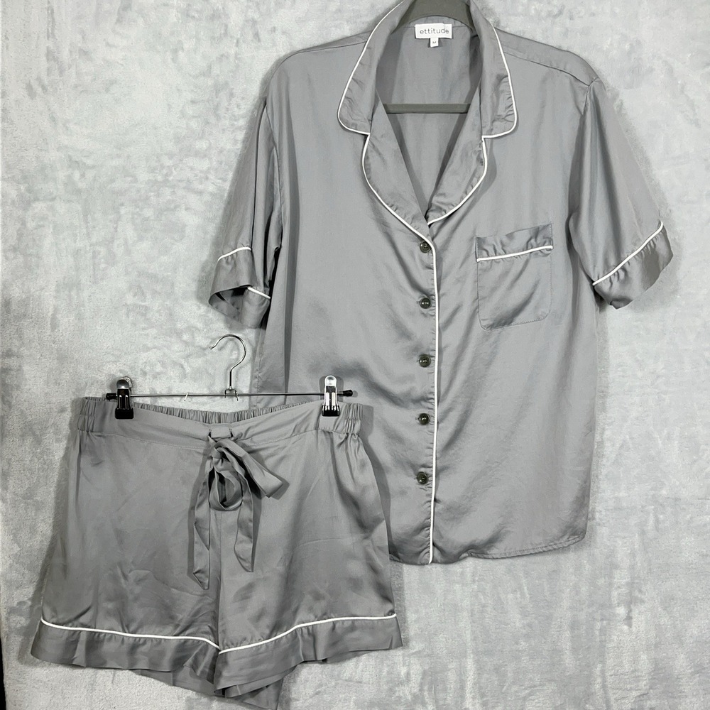 Ettitude Womens Bamboo Silky Satin PJ Sleep Set Shorts Button Top Gray M 2 Piece